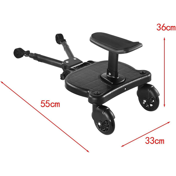 "2-wheel buggy board with seat for strollers, black with 360° swivel wheels, removable seat, non-slip platform, suits toddler