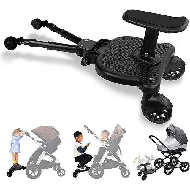 "2-wheel buggy board with seat for strollers, black with 360° swivel wheels, removable seat, non-slip platform, suits toddler