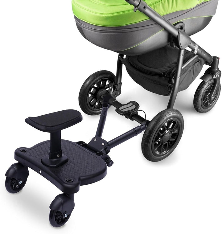 "2-wheel buggy board with seat for strollers, black with 360° swivel wheels, removable seat, non-slip platform, suits toddler