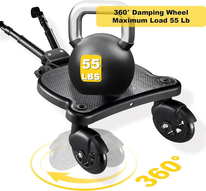 "2-wheel buggy board with seat for strollers, black with 360° swivel wheels, removable seat, non-slip platform, suits toddler