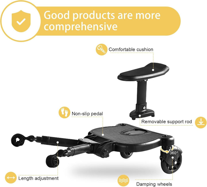 "2-wheel buggy board with seat for strollers, black with 360° swivel wheels, removable seat, non-slip platform, suits toddler