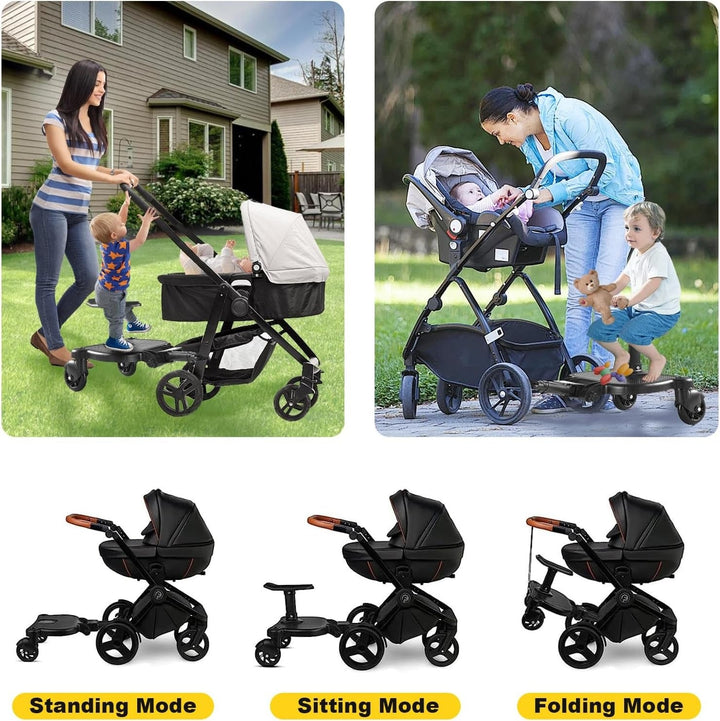 "2-wheel buggy board with seat for strollers, black with 360° swivel wheels, removable seat, non-slip platform, suits toddler