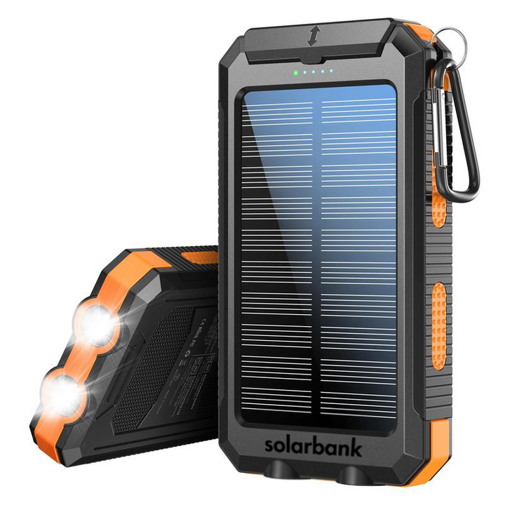 "20000mAh solar power bank with built-in light, weather-resistant, sleek design, ideal for travel and outdoor activities."