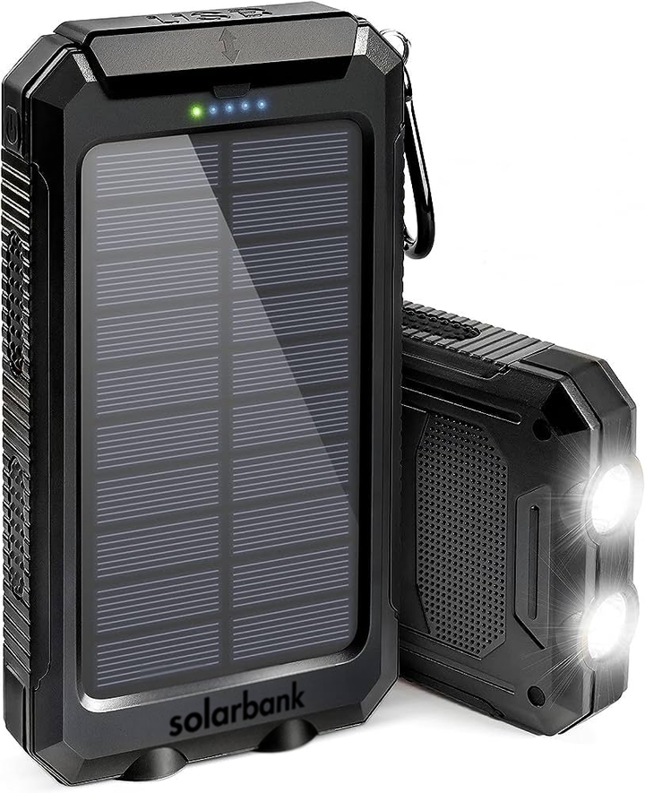 "20000mAh solar power bank with built-in light, weather-resistant, sleek design, ideal for travel and outdoor activities."