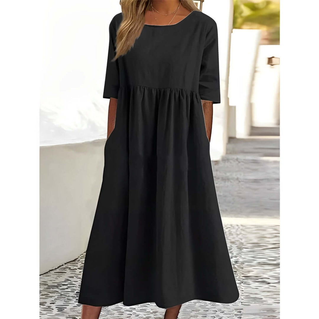 Cotton Linen Pleated Midi Dress