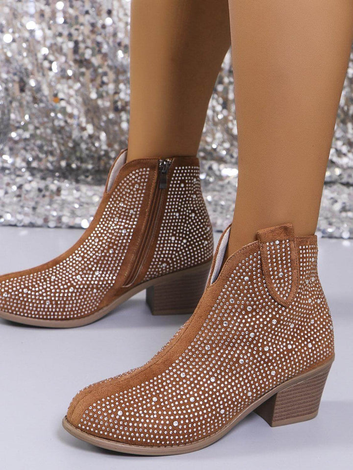 Rhinestone Pointed Toe Block Heel Boots