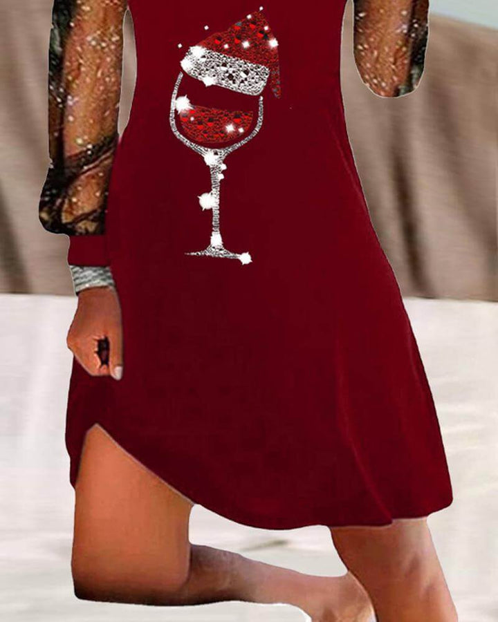 Women's Festive Wine Glass Print Dress
