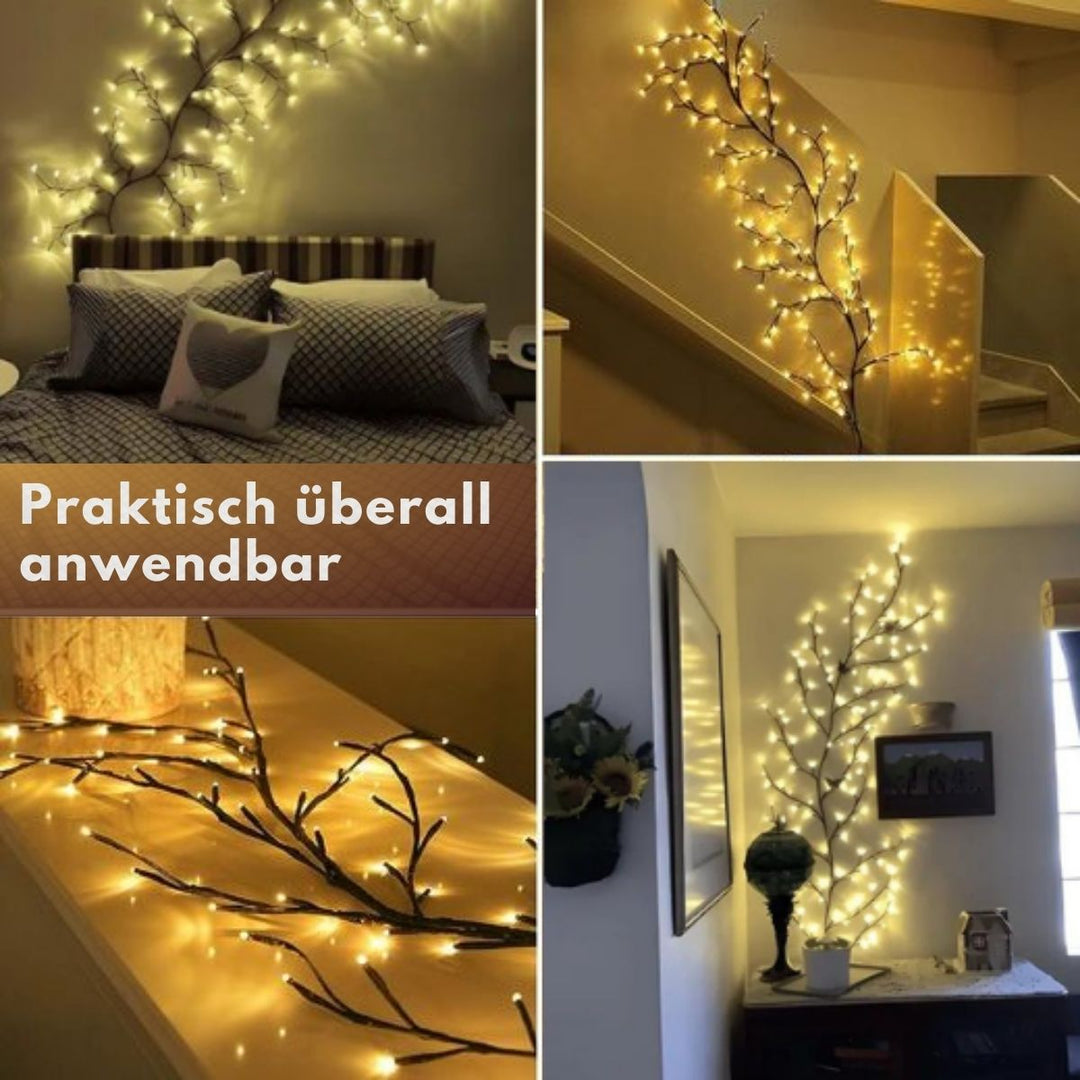 "2.3m LED grapevine fairy lights with remote, 144 LEDs, flexible modes, ideal for indoor/outdoor ambiance settings."