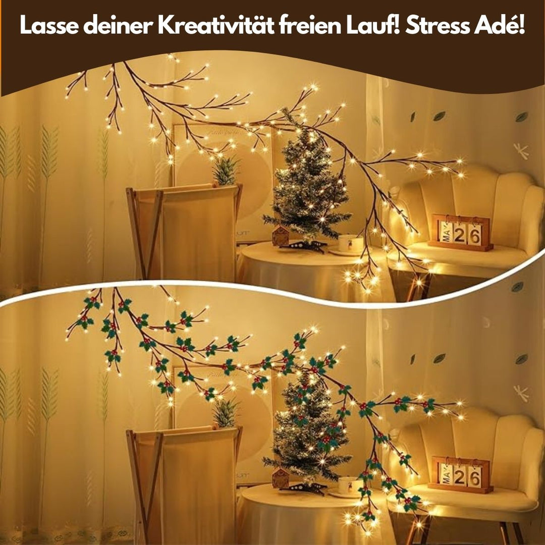 "2.3m LED grapevine fairy lights with remote, 144 LEDs, flexible modes, ideal for indoor/outdoor ambiance settings."