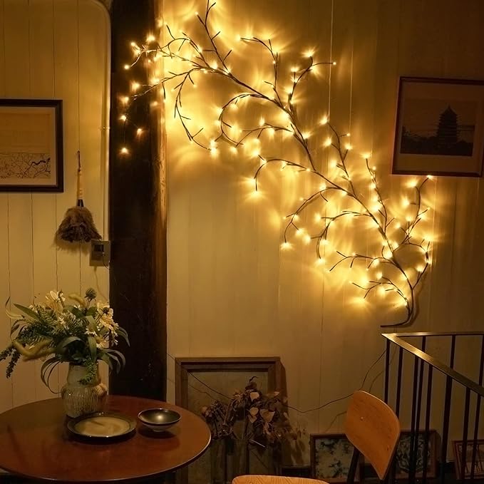 "2.3m LED grapevine fairy lights with remote, 144 LEDs, flexible modes, ideal for indoor/outdoor ambiance settings."