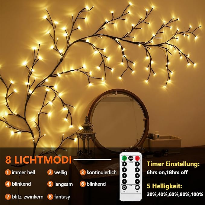 "2.3m LED grapevine fairy lights with remote, 144 LEDs, flexible modes, ideal for indoor/outdoor ambiance settings."