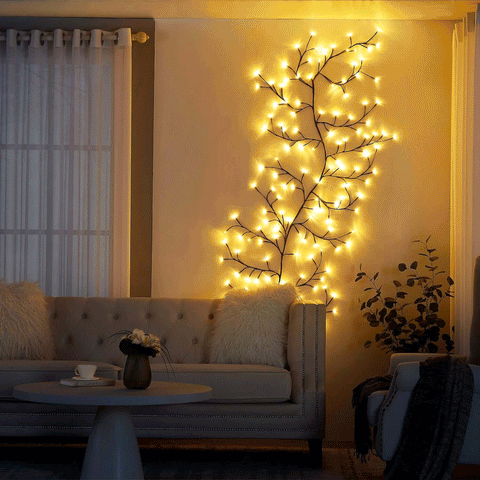 "2.3m LED grapevine fairy lights with remote, 144 LEDs, flexible modes, ideal for indoor/outdoor ambiance settings."