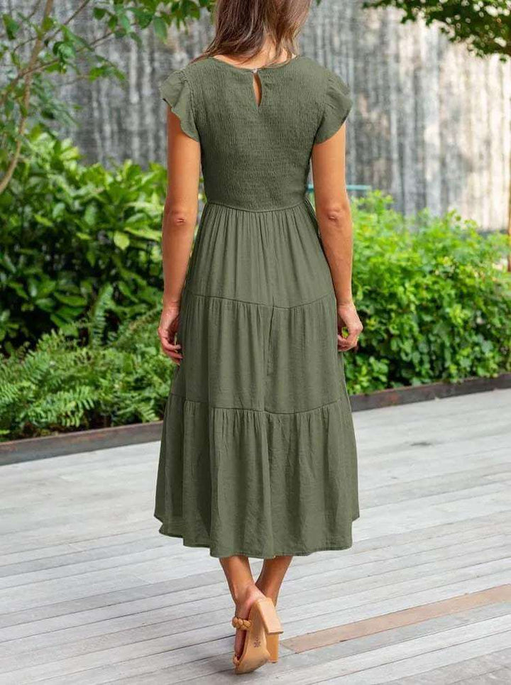 Women's Tiered Midi Dress with Flutter Sleeves