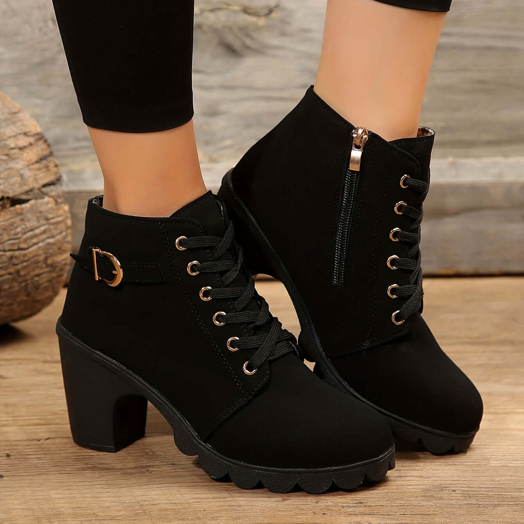 Women's Block Heel Ankle Boots with Buckle Detail