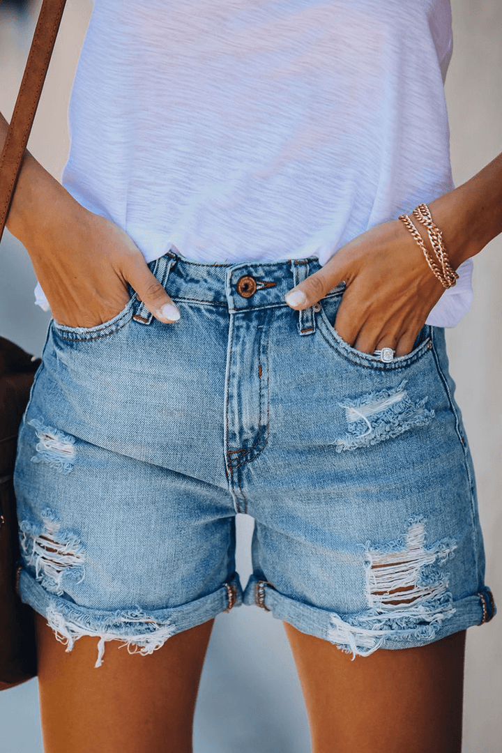 Women's Ripped Denim Shorts with Fringes