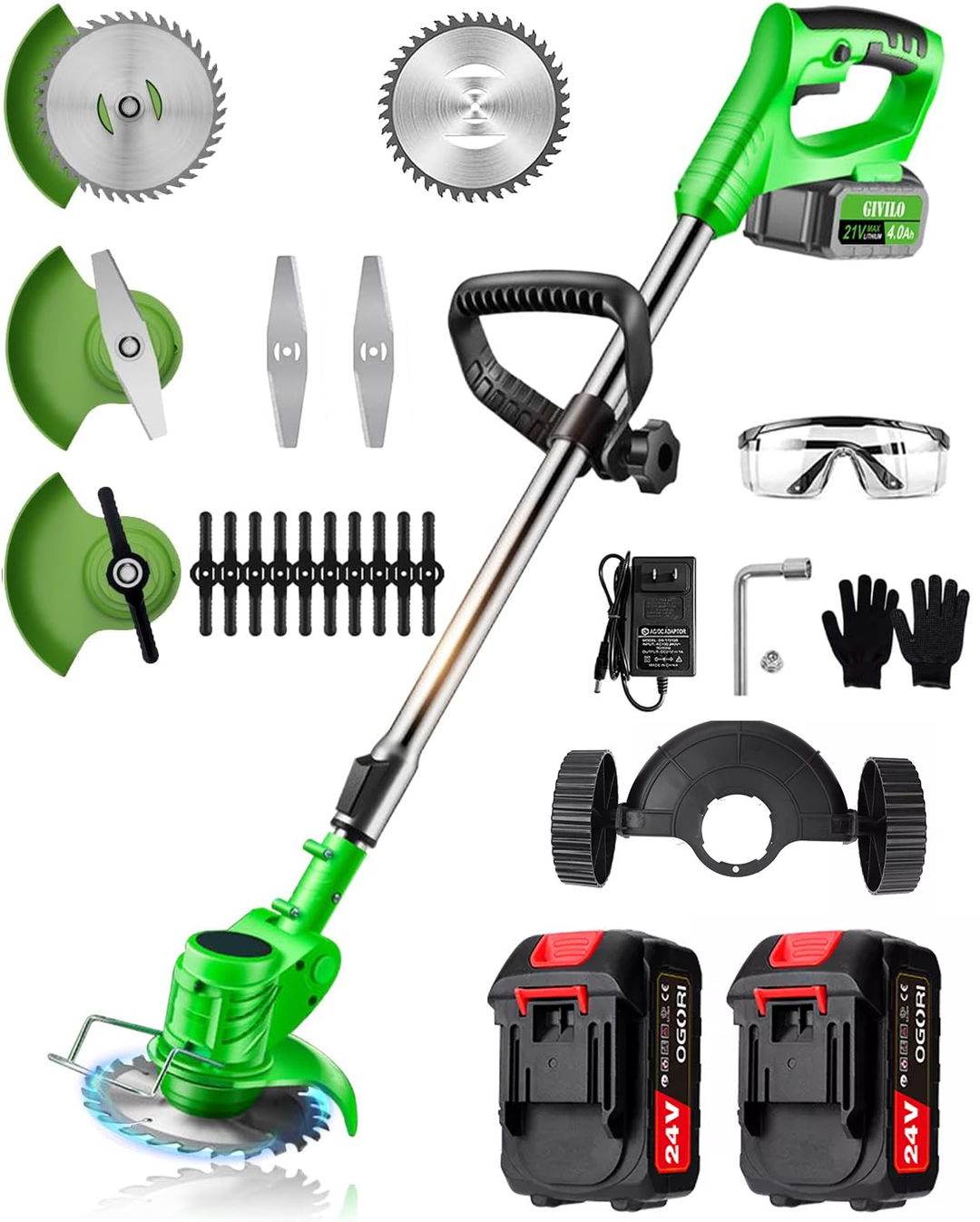"24V cordless grass trimmer with adjustable head, cutting thick grass, garden paths, and edges for precise lawn care."