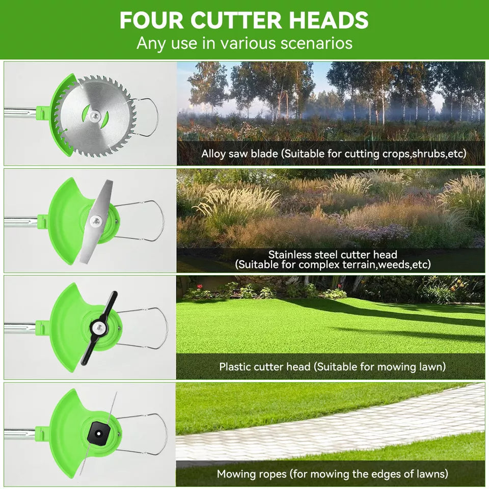 "24V cordless grass trimmer with adjustable head, cutting thick grass, garden paths, and edges for precise lawn care."