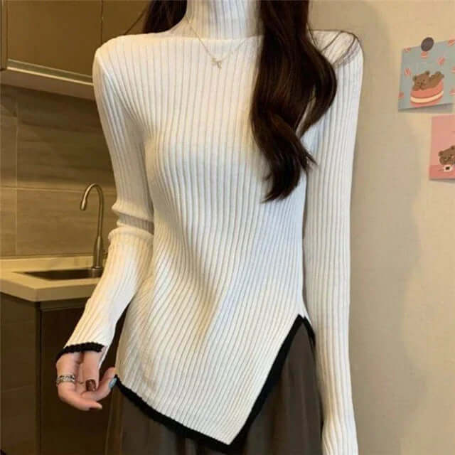 Women's Ribbed Turtleneck Sweater with Flared Sleeves