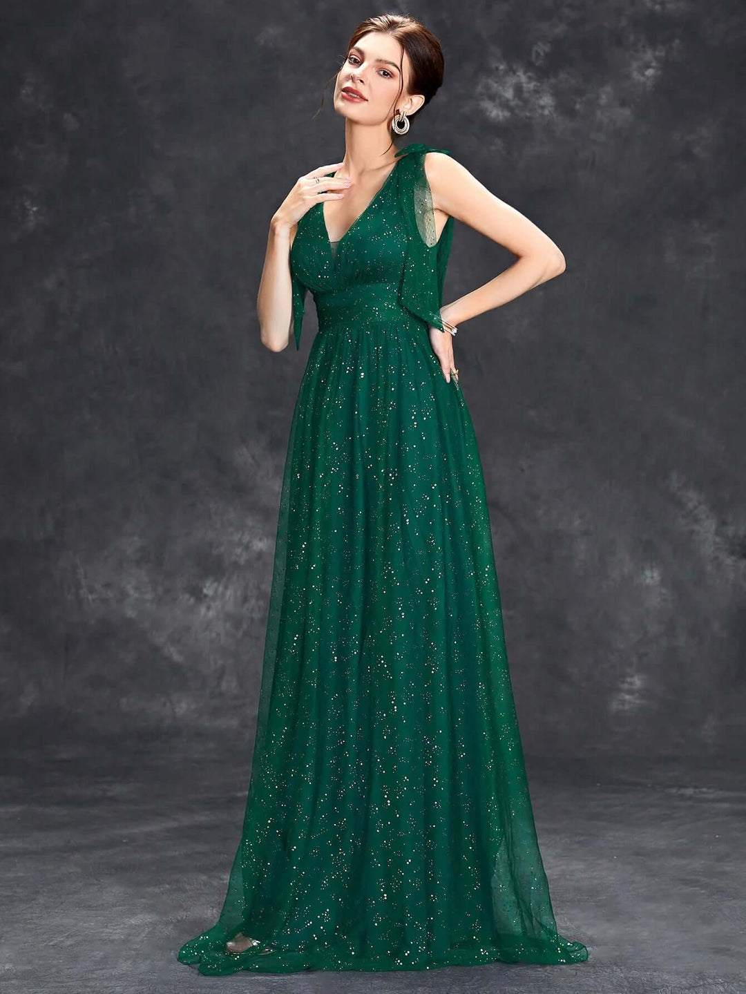 Glitter Embellished V-Neck Sleeveless Floor-Length Evening Gown