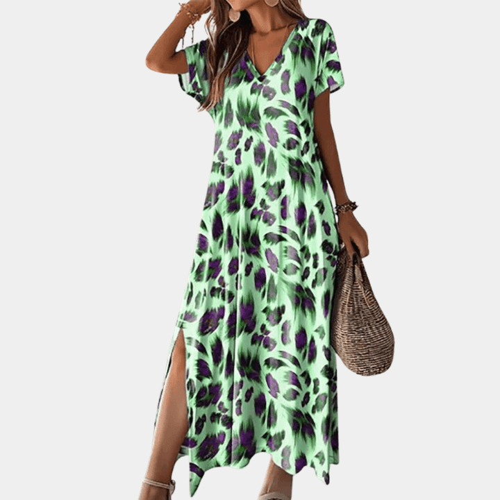 Leaf Print Maxi Dress - Casual V-Neck