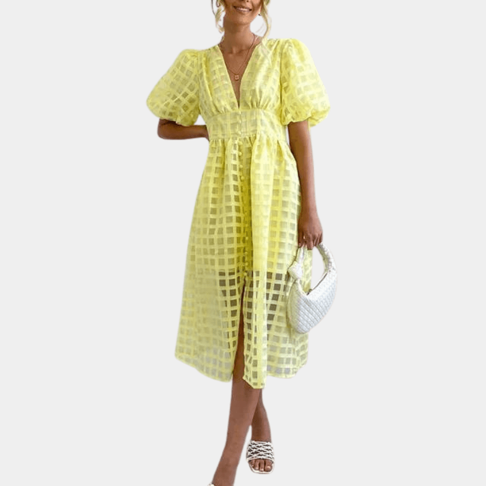 Checkered Sheer Midi Dress with Puff Sleeves - Women's