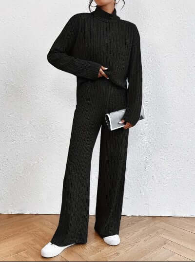 Women's Ribbed Turtleneck and Wide-Leg Pants Set