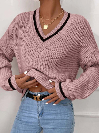 Women's Striped V-Neck Relaxed Fit Jumper