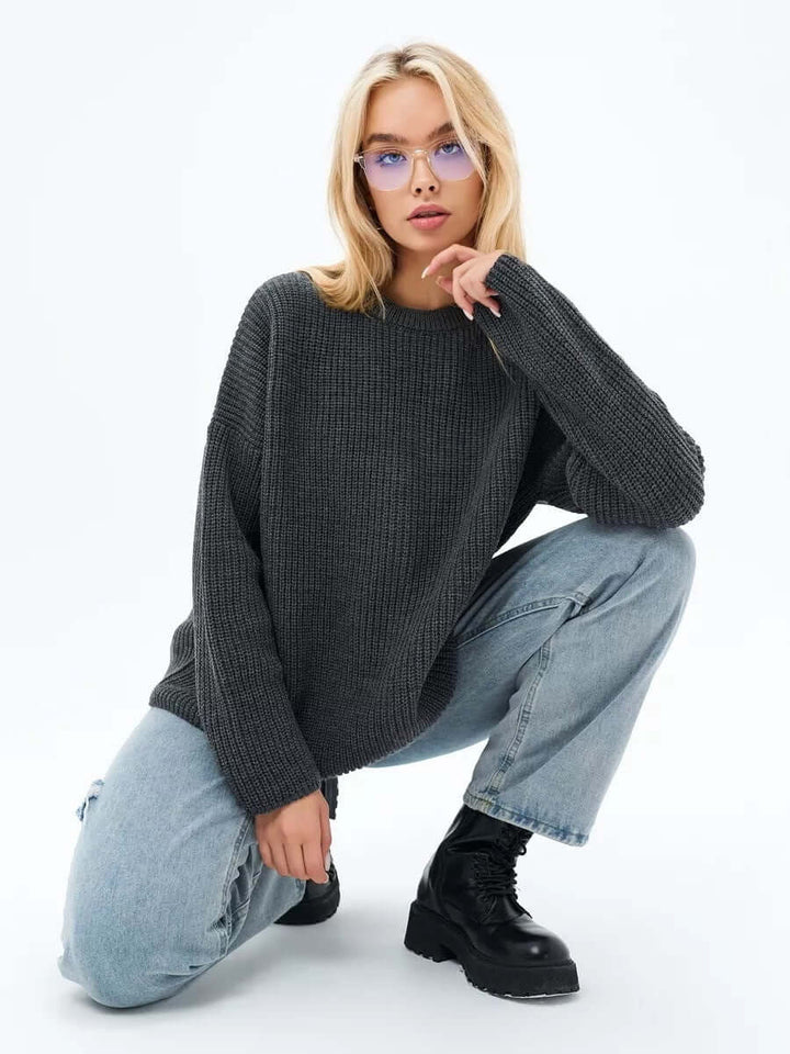 Pullover Damen Oversize Rundhalsausschnitt Rippstrick Langarm Bequem Casual