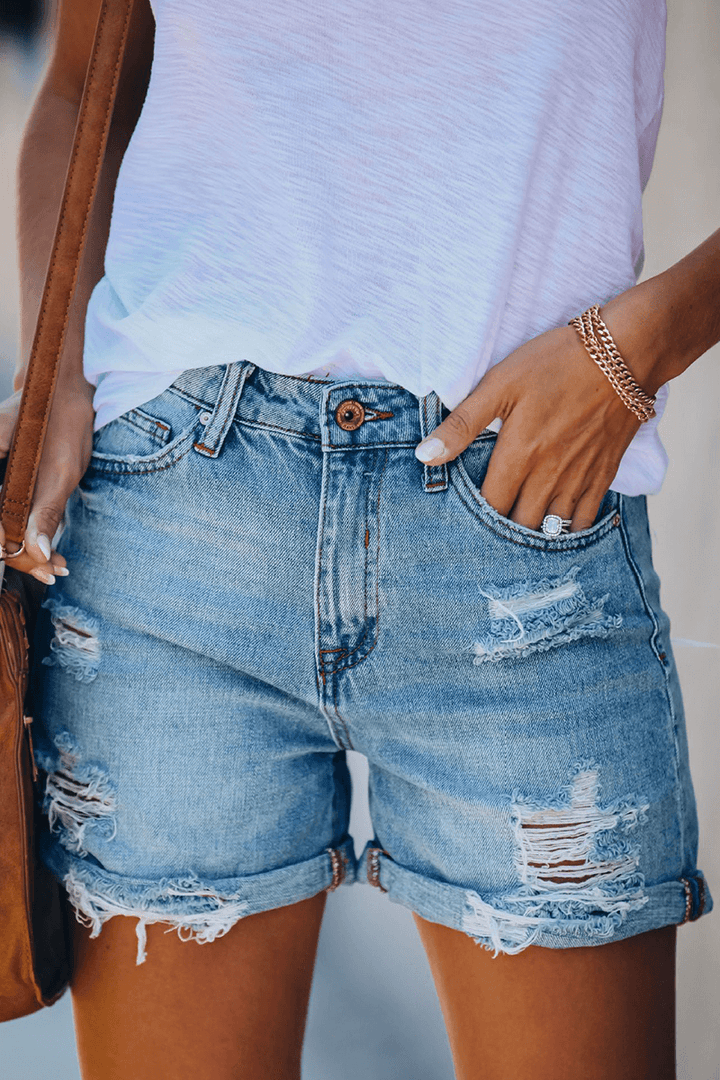 Women's Ripped Denim Shorts with Fringes