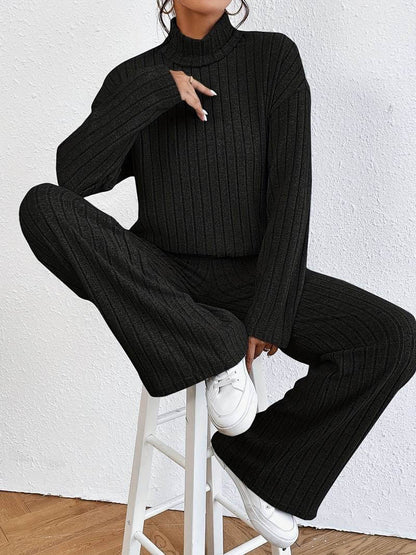 Women's Knitted Turtleneck Sweater and Wide-Leg Pants Set