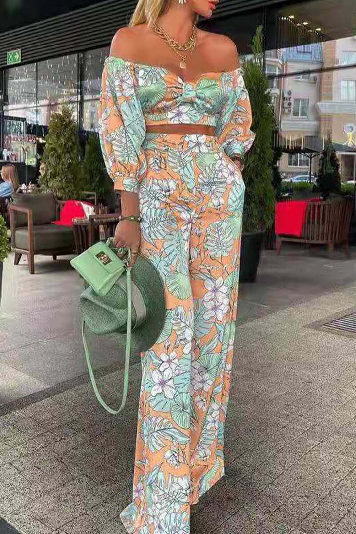 Floral Off-Shoulder Top & Wide Leg Pants Set - Women