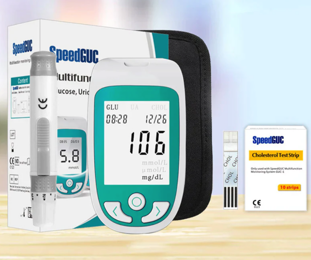 "3-in-1 home health test kit for cholesterol, blood sugar, uric acid; portable, easy-to-use device with rapid results."