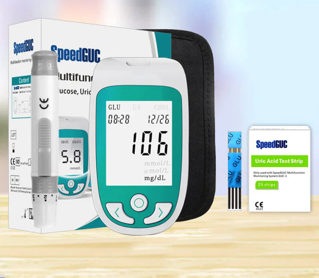 "3-in-1 home health test kit for cholesterol, blood sugar, uric acid; portable, easy-to-use device with rapid results."