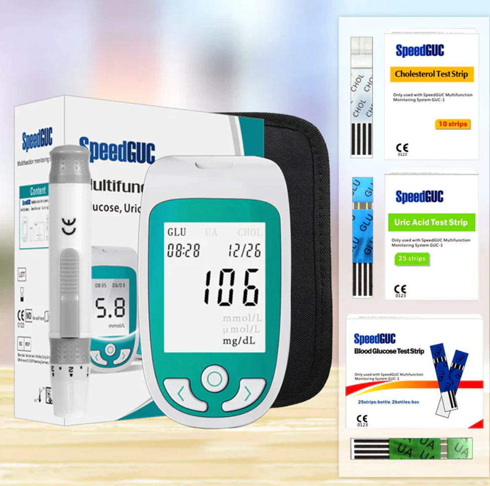 "3-in-1 home health test kit for cholesterol, blood sugar, uric acid; portable, easy-to-use device with rapid results."