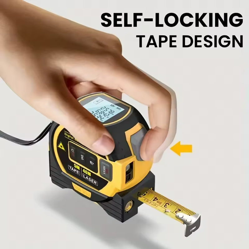 "3-in-1 Laser Distance Measuring Tape with digital display, 60m range, 5m steel tape, yellow-blue, for precise measurements"