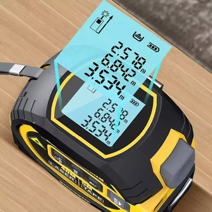 "3-in-1 Laser Distance Measuring Tape with digital display, 60m range, 5m steel tape, yellow-blue, for precise measurements"