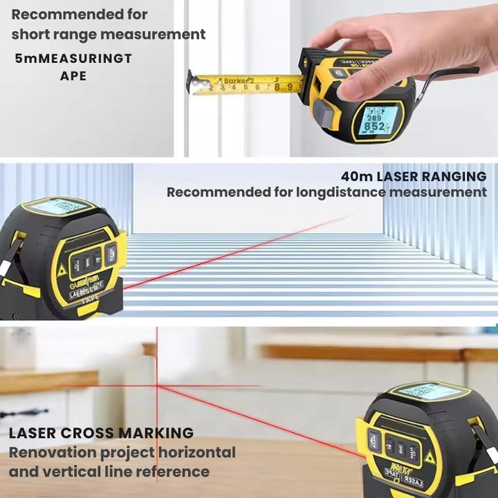 "3-in-1 Laser Distance Measuring Tape with digital display, 60m range, 5m steel tape, yellow-blue, for precise measurements"