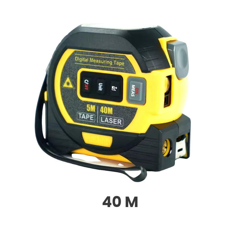"3-in-1 Laser Distance Measuring Tape with digital display, 60m range, 5m steel tape, yellow-blue, for precise measurements"