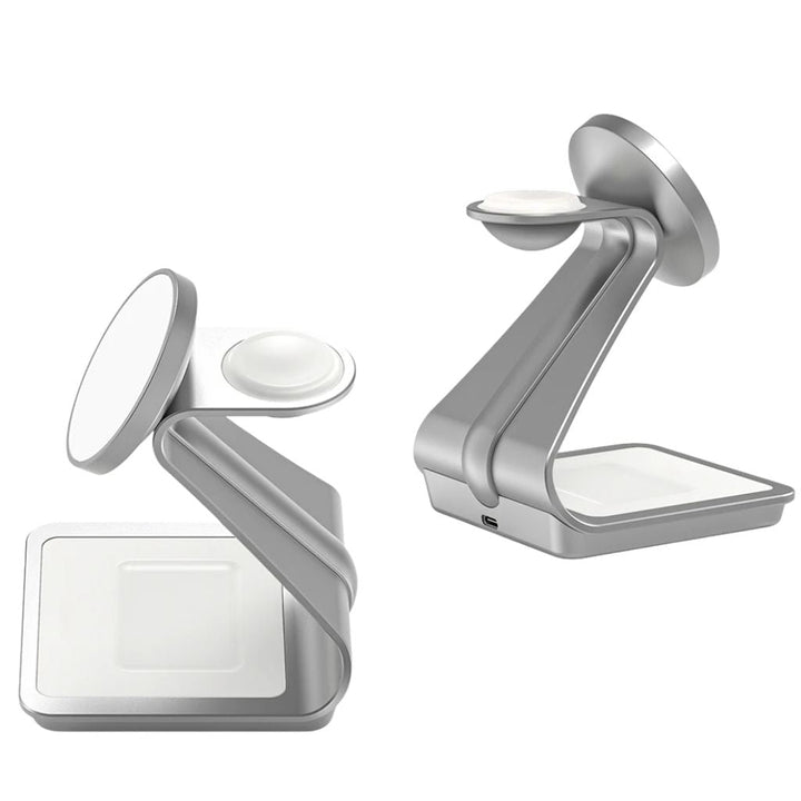 "3-in-1 magnetic wireless charger with sleek aluminum design for iPhone, Apple Watch, AirPods charging on desk, cable-free."