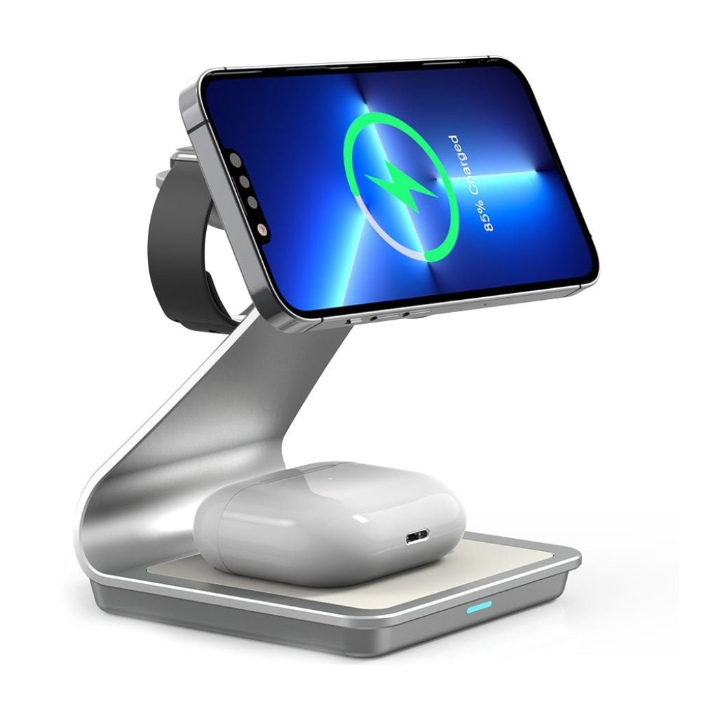 "3-in-1 magnetic wireless charger with sleek aluminum design for iPhone, Apple Watch, AirPods charging on desk, cable-free."