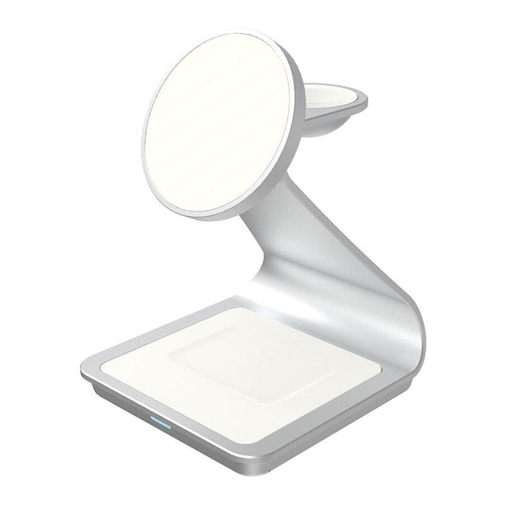 "3-in-1 magnetic wireless charger with sleek aluminum design for iPhone, Apple Watch, AirPods charging on desk, cable-free."