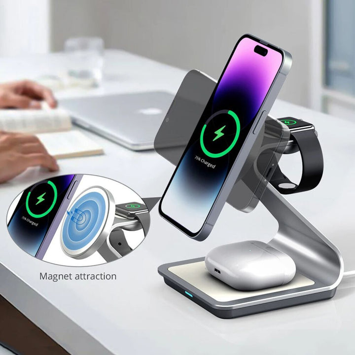 "3-in-1 magnetic wireless charger with sleek aluminum design for iPhone, Apple Watch, AirPods charging on desk, cable-free."