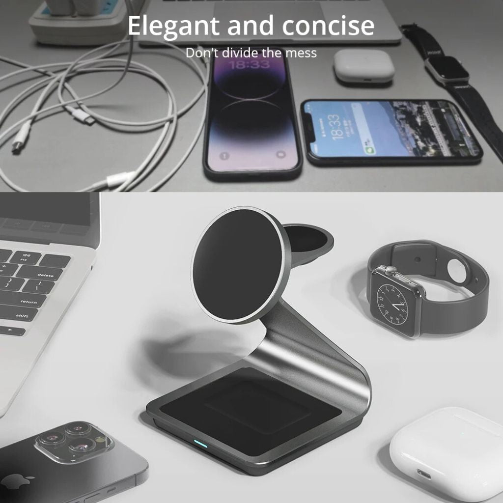 "3-in-1 magnetic wireless charger with sleek aluminum design for iPhone, Apple Watch, AirPods charging on desk, cable-free."