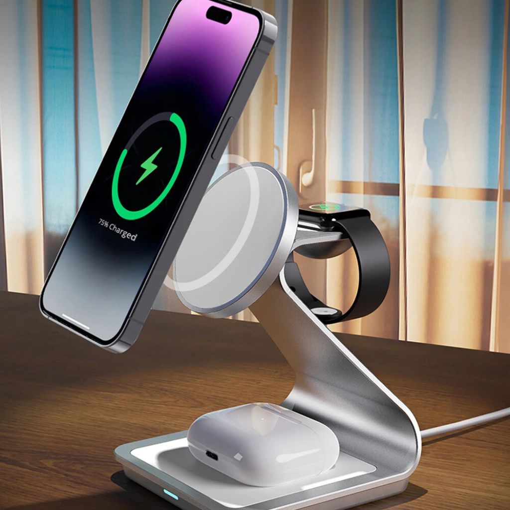 "3-in-1 magnetic wireless charger with sleek aluminum design for iPhone, Apple Watch, AirPods charging on desk, cable-free."