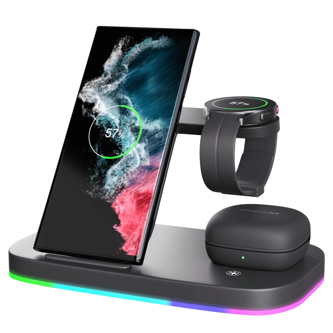 3-in-1 wireless charging station for Samsung Galaxy phone, watch, and earbuds with sleek, modern design, compact size.