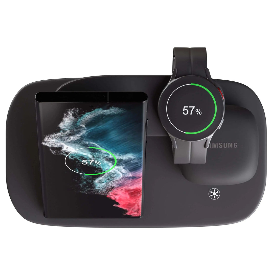 3-in-1 wireless charging station for Samsung Galaxy phone, watch, and earbuds with sleek, modern design, compact size.
