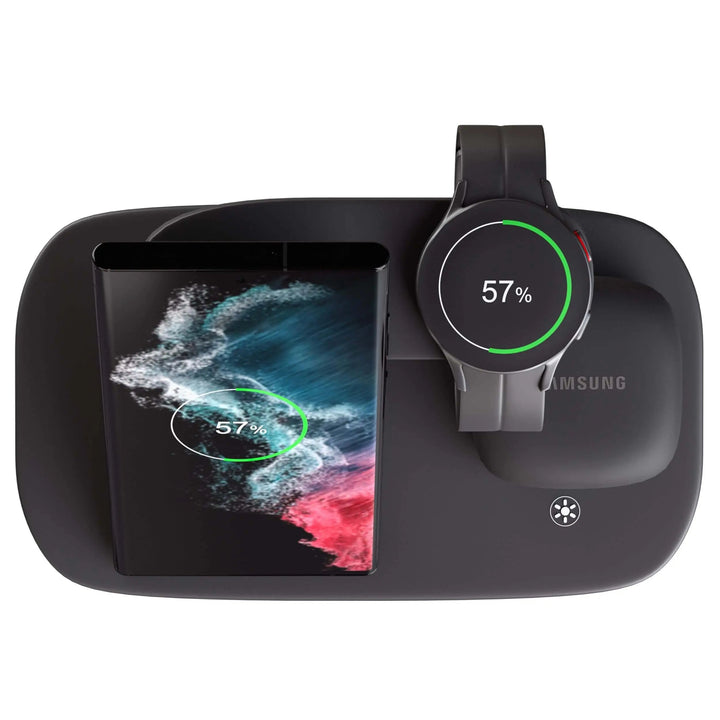 3-in-1 wireless charging station for Samsung Galaxy phone, watch, and earbuds with sleek, modern design, compact size.