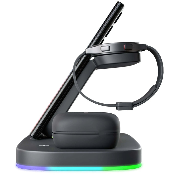 3-in-1 wireless charging station for Samsung Galaxy phone, watch, and earbuds with sleek, modern design, compact size.