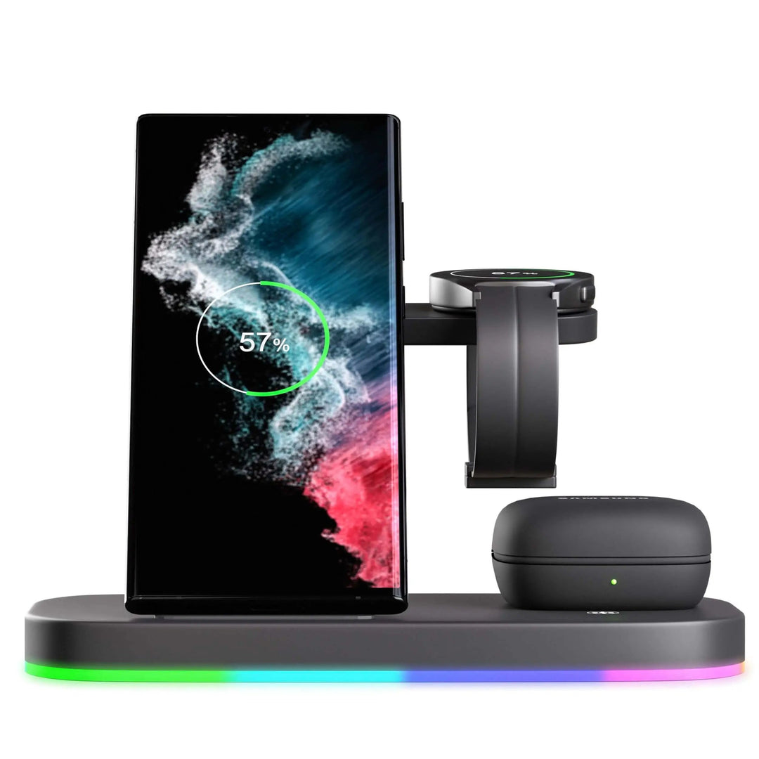 3-in-1 wireless charging station for Samsung Galaxy phone, watch, and earbuds with sleek, modern design, compact size.