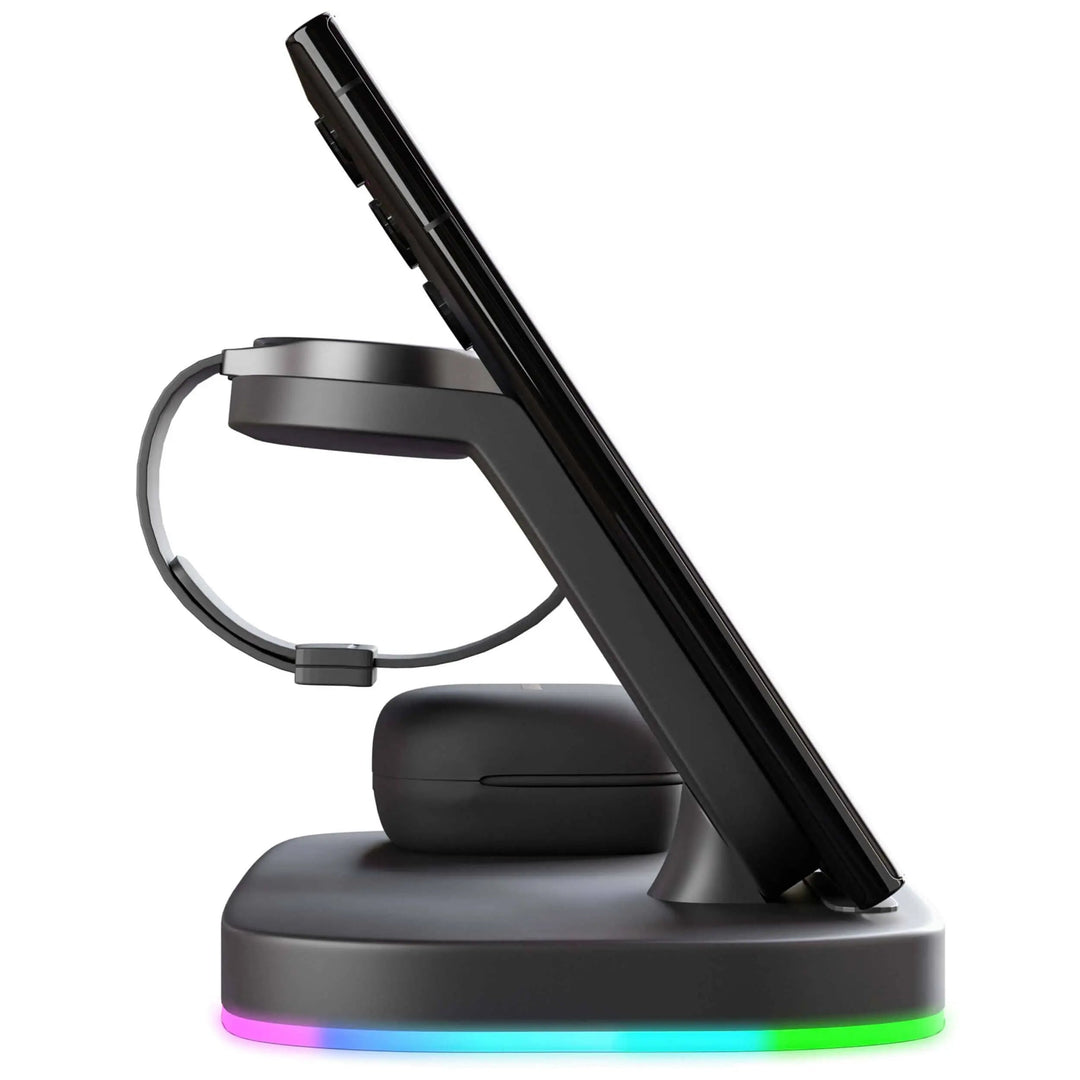 3-in-1 wireless charging station for Samsung Galaxy phone, watch, and earbuds with sleek, modern design, compact size.